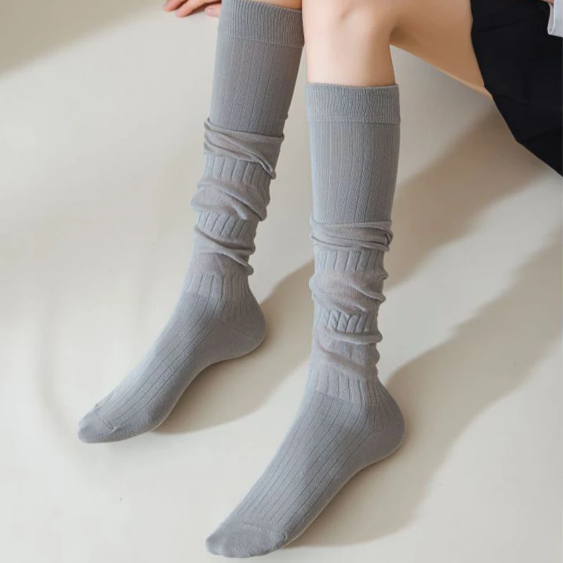 limiseven纯色堆堆坑条简约中筒袜韩系