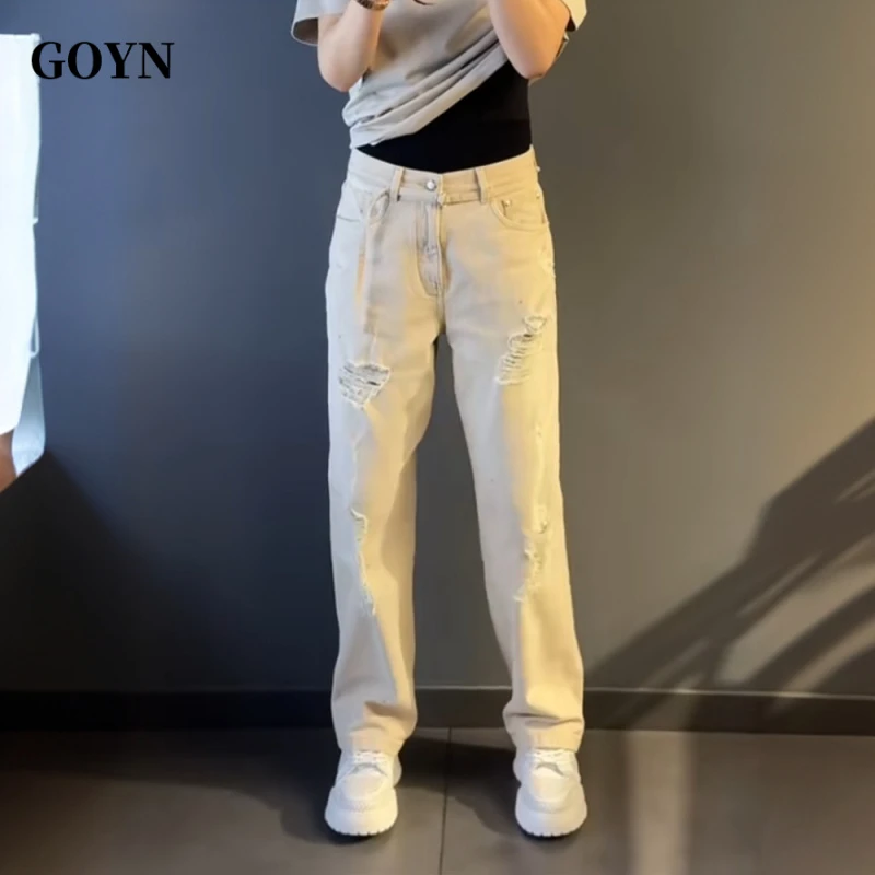 GOYN夏季新款时尚潮牌男士牛仔裤休闲百搭破洞潮流男款阔腿长裤子