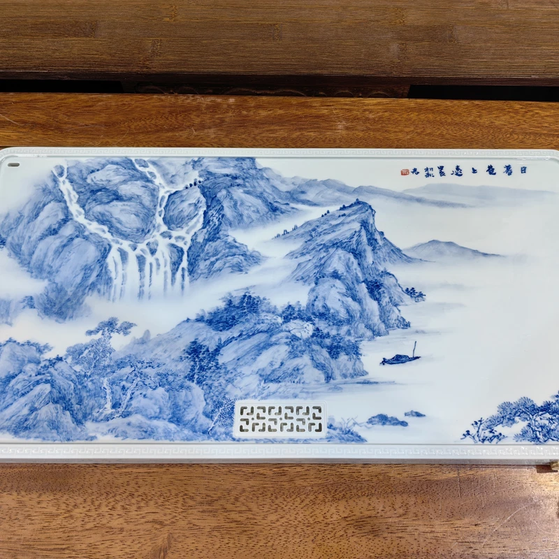 日幕苍上远图 柴窑青花意境山水干湿泡台 意境山水茶盘 袁军