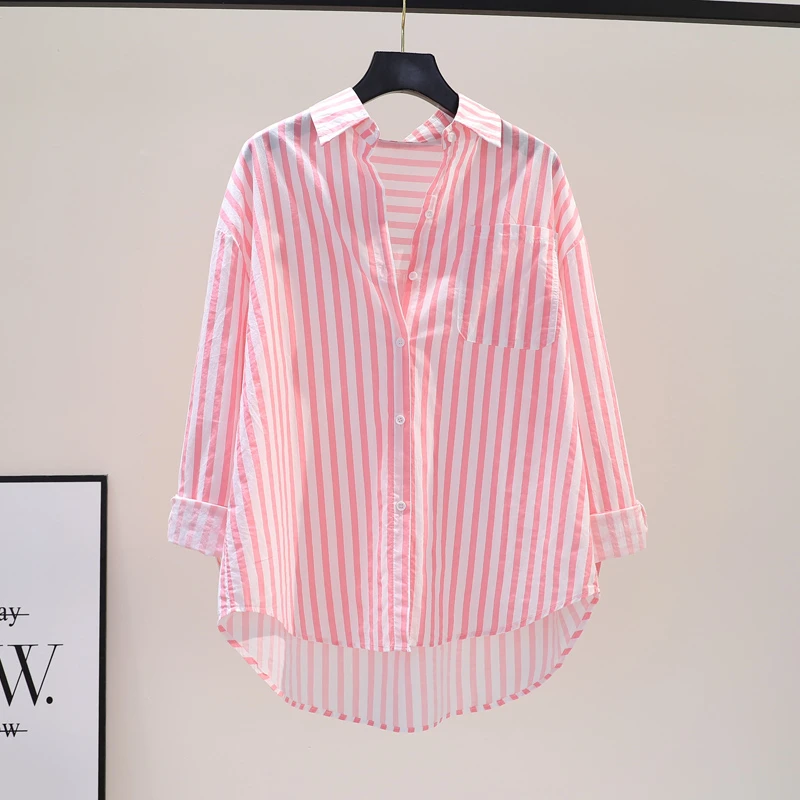 【水洗纯棉】粉色竖条纹潮款衬衫女韩版文艺范宽松中长款衬衣外套衫