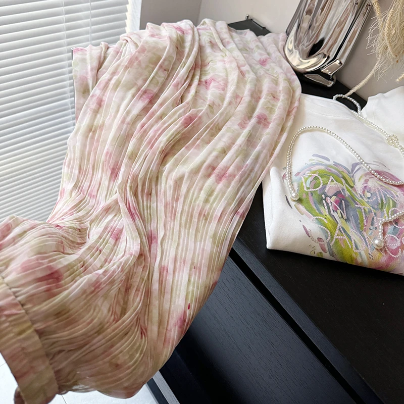 飘逸优雅清新油画花朵中长款高腰显瘦A字雪纺半身裙百褶裙碎花夏