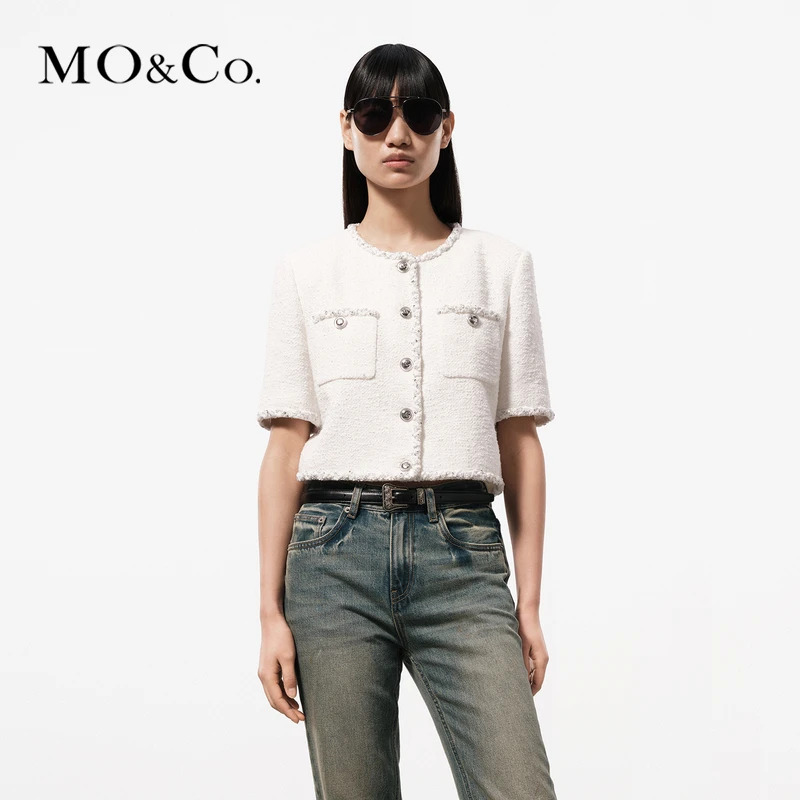 MOCO夏小香风编织银丝嵌边短款廓形短袖外套MBD2COT003