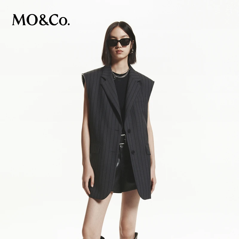 MOCO秋绵羊毛精纺裁边垫肩条纹西装马甲外套MBD3WAI002