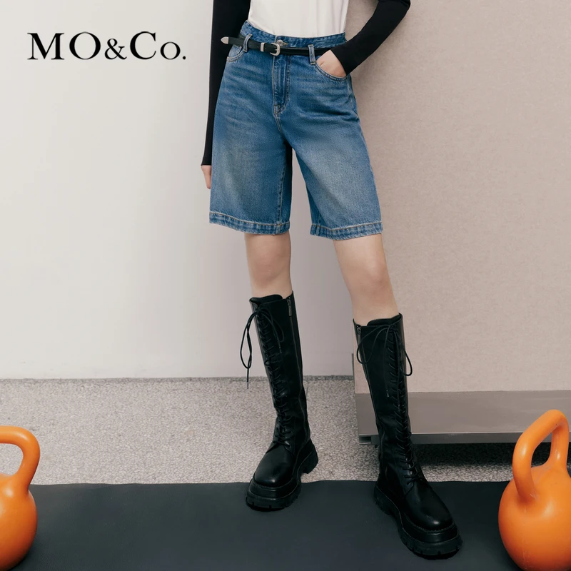 MOCO春季蓝色直筒棉质五分牛仔短裤(附腰带)MBD1SOTT09