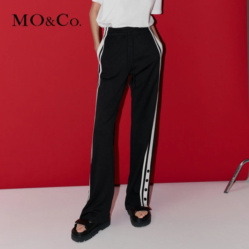 MOCO春季松紧高腰撞色边纽扣侧开叉休闲裤长裤MBD1PATT17
