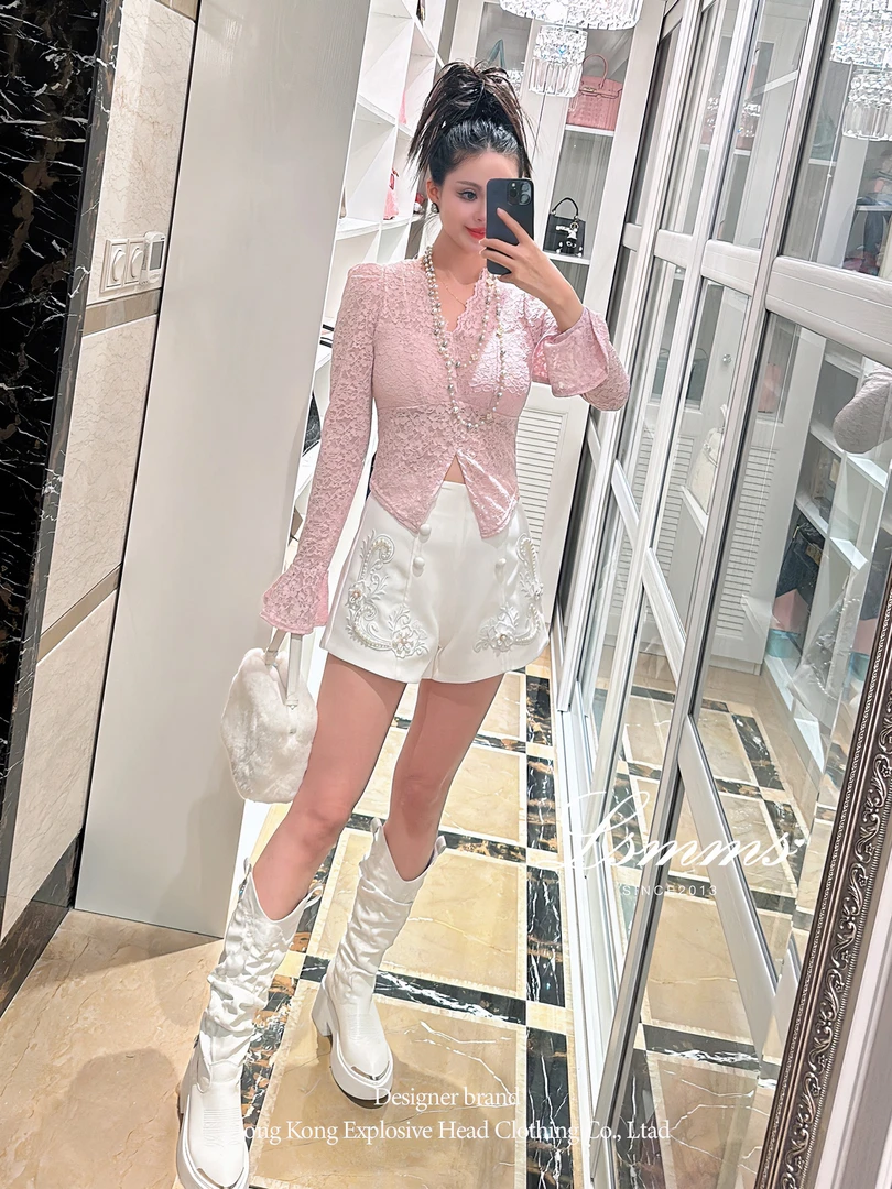 LSMMS【遇见铃兰】重工手工钉珠双排扣装饰高腰阔腿短裤女L2311262