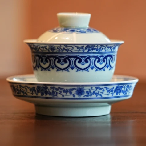 【野望茶器】复古青花宝相花元宝二才盖碗+壶承