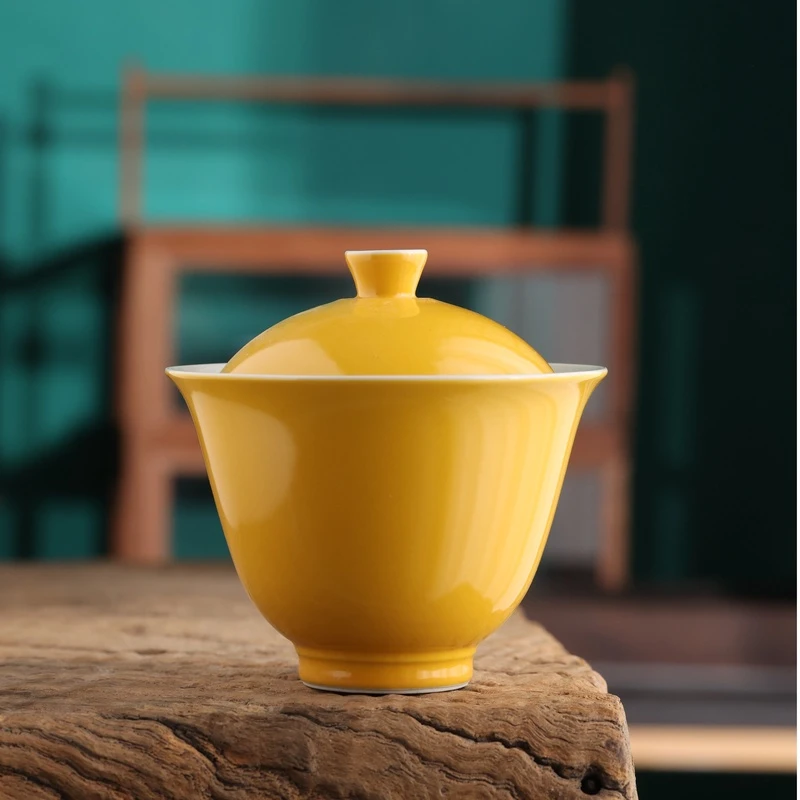 【野望茶具】单色釉拓黄粉彩二才盖碗家用小盖碗黄色高端瓷盖碗