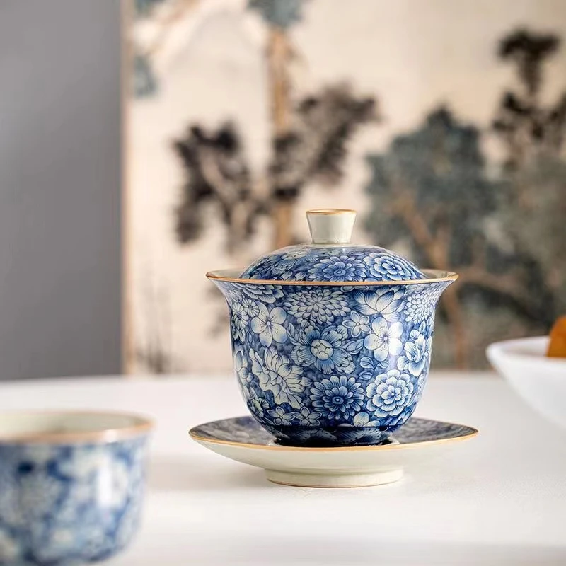 【野望茶器】老陶泥复古青花三才盖碗家用陶瓷功夫茶具