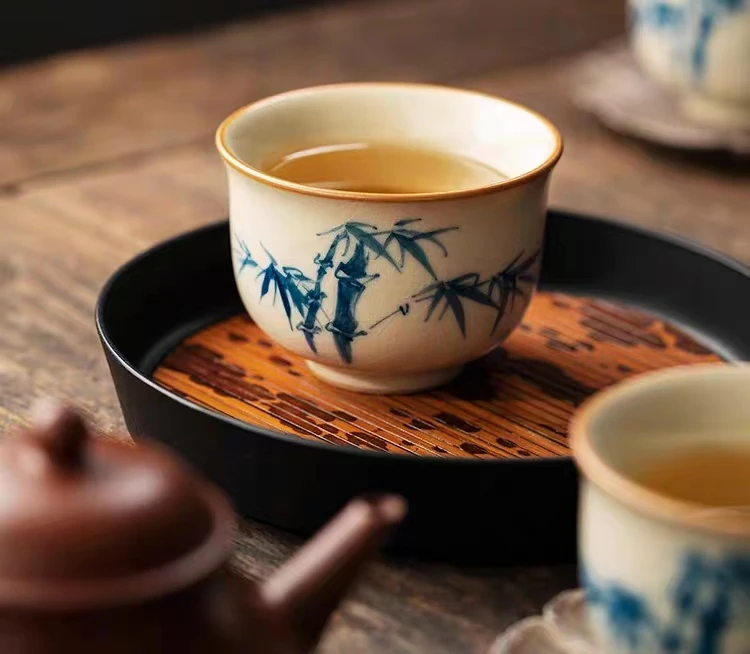 【野望茶器】手绘蓝竹汝窑开片主人杯