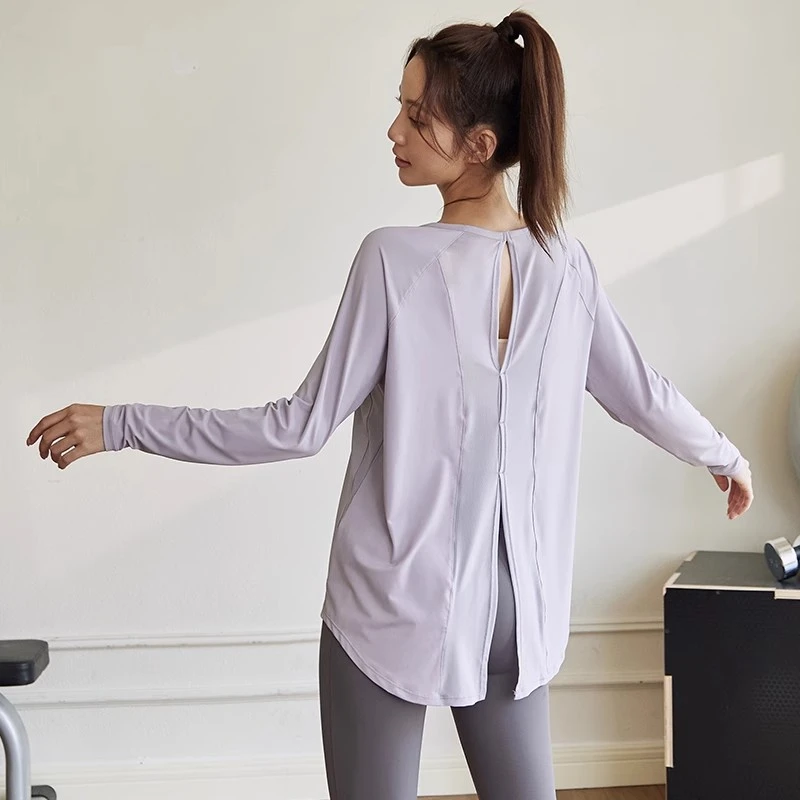 瑜伽服女宽松罩衫运动上衣后背开叉长袖透气速干跑步训练健身服