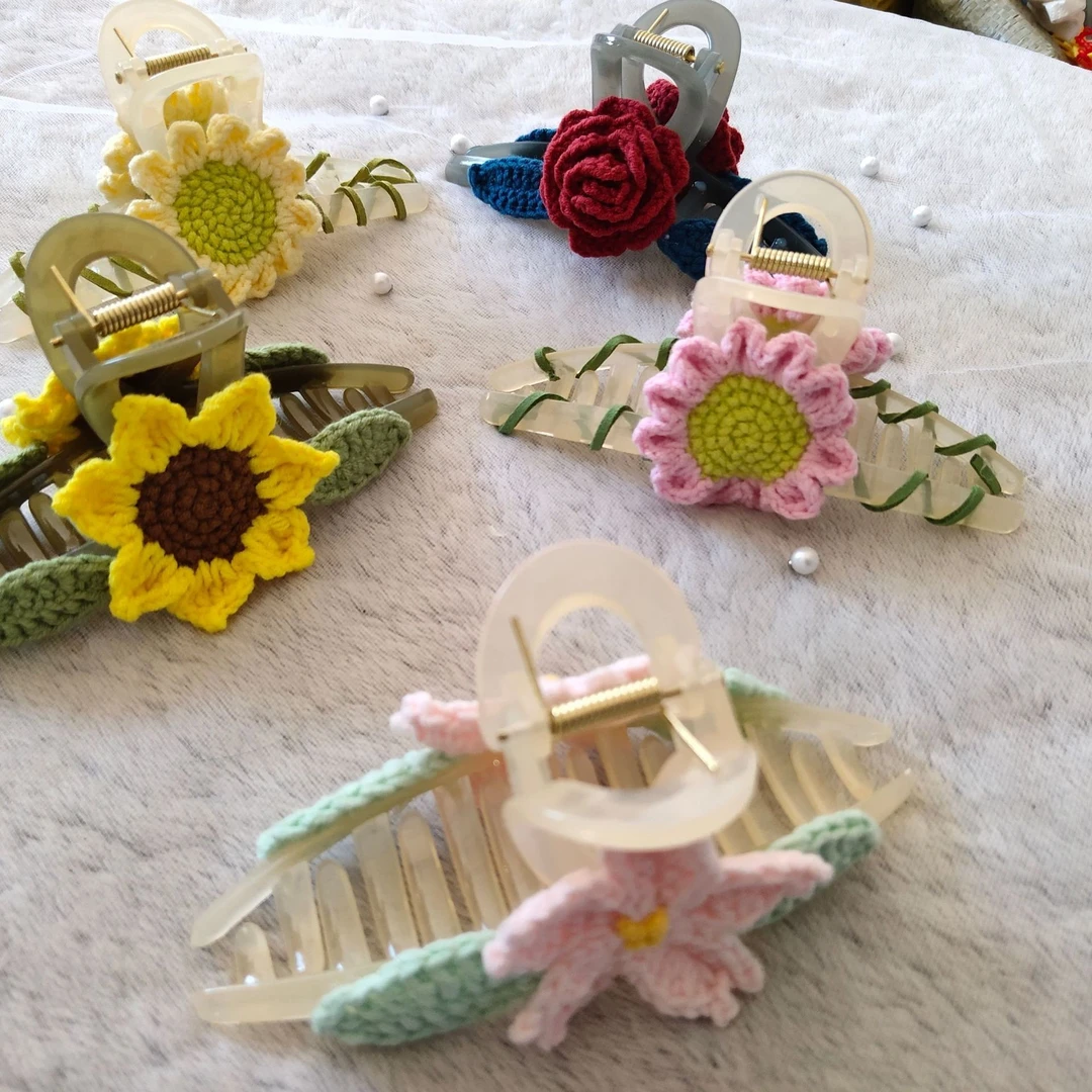 甜美向日葵玫瑰抓夹手工毛线编织鲨鱼夹少女心花朵成品发夹发饰