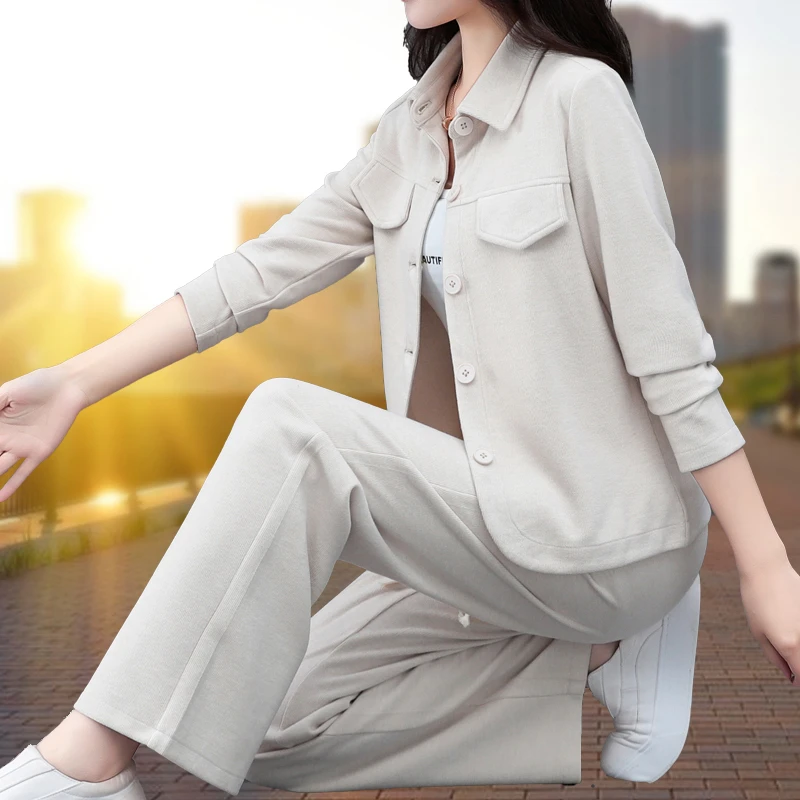 春时尚休闲阔腿裤套装女韩版新款洋气显瘦减龄开衫衬衣运动三件套