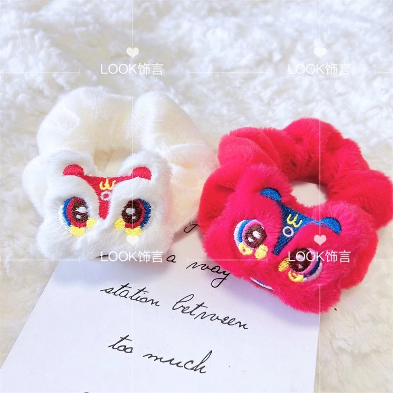 国潮醒狮毛绒皮筋国风汉元素卡通肠圈头绳新年礼物可爱少女感头饰