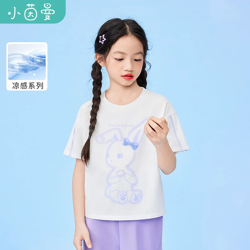 小茵曼时尚女童圆领套头短袖秋舒适休闲宽松印花亲肤T恤3842036