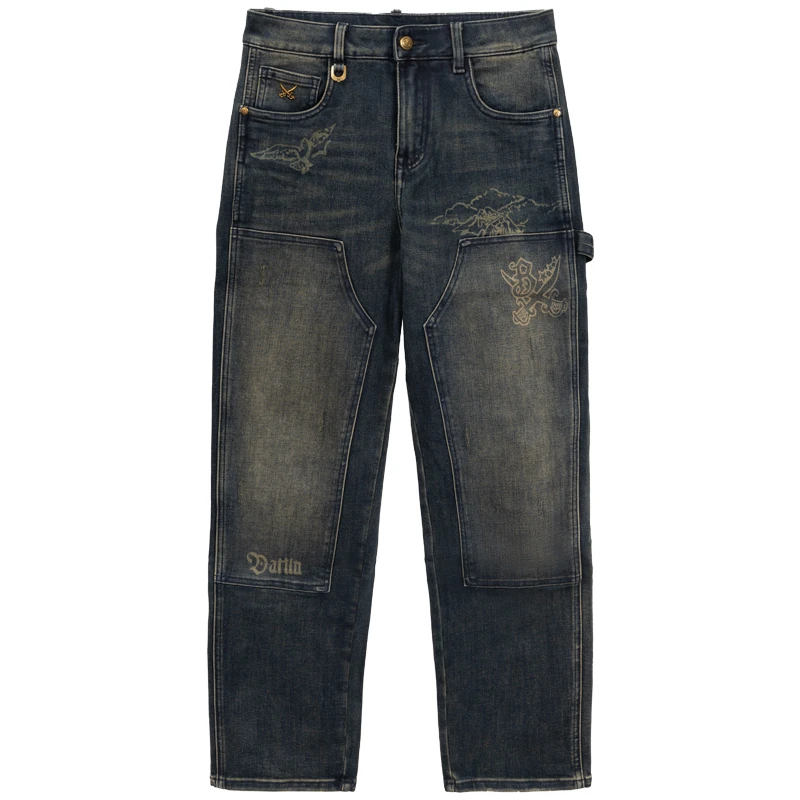 【DA双刀】新款休闲复古琉璃黄翡翠绿时尚百搭微阔弹力直筒裤-021