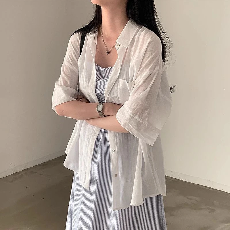 大码休闲百搭短袖防晒衬衫夏设计感小众前后系扣开叉宽松薄款上衣