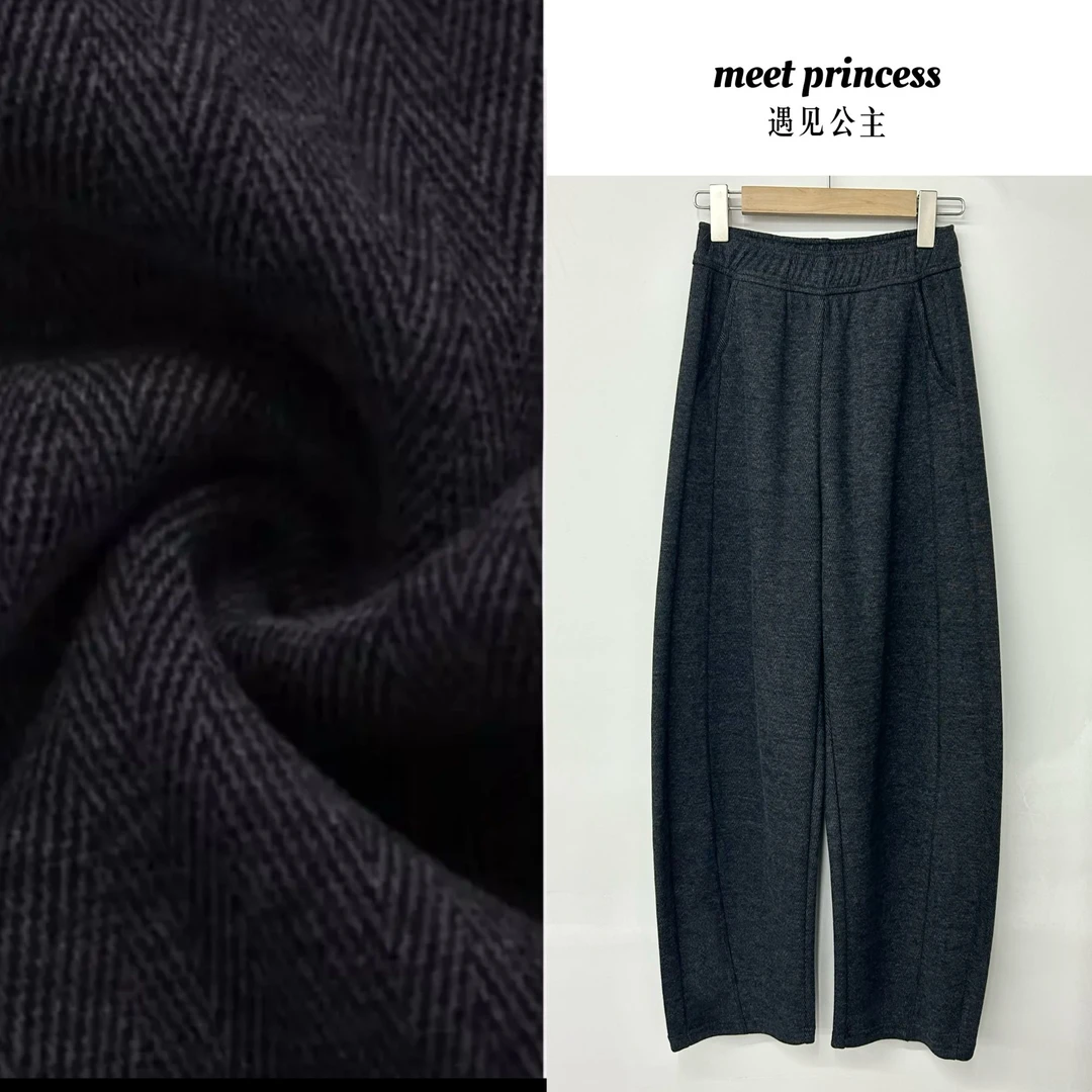 冬季人字纹加绒加厚冬季高腰简约显瘦时尚百搭阔腿裤气质垂感