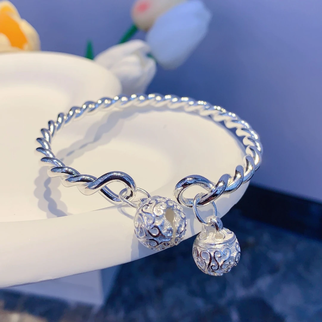 鹿怡 足银手镯 31克足银999.9麻花宫铃吊坠时尚开口百搭银手镯子
