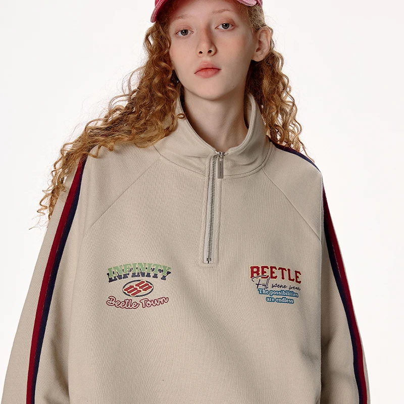 BEETLE TOWN 运动风杠条立领卫衣秋季美式复古宽松情侣套头上衣