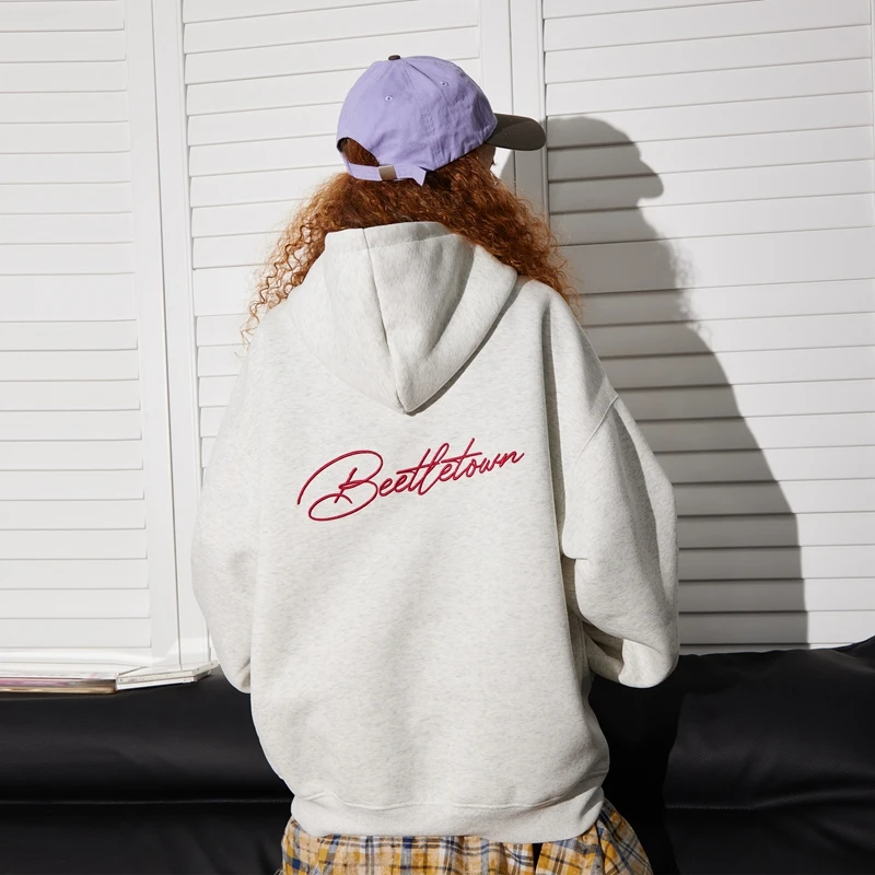 BEETLE TOWN重磅刺绣连帽开衫卫衣女秋高街情侣长袖上衣潮牌帽衫