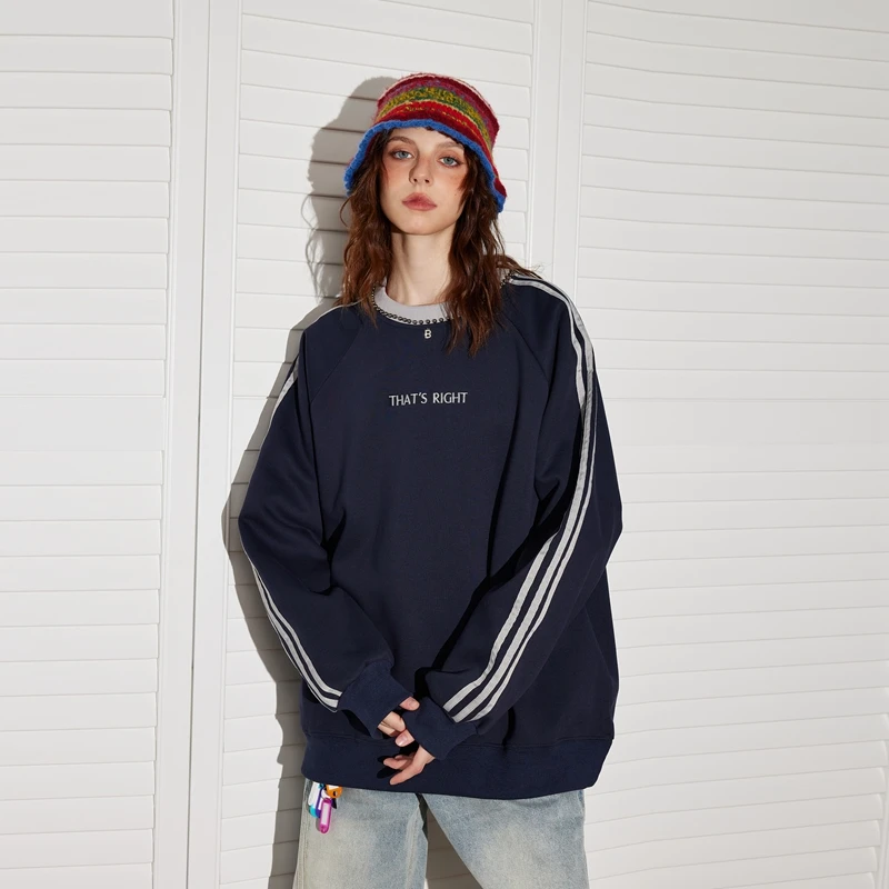 BEETLE TOWN美式复古运动拼接撞色圆领卫衣秋潮牌宽松情侣上衣