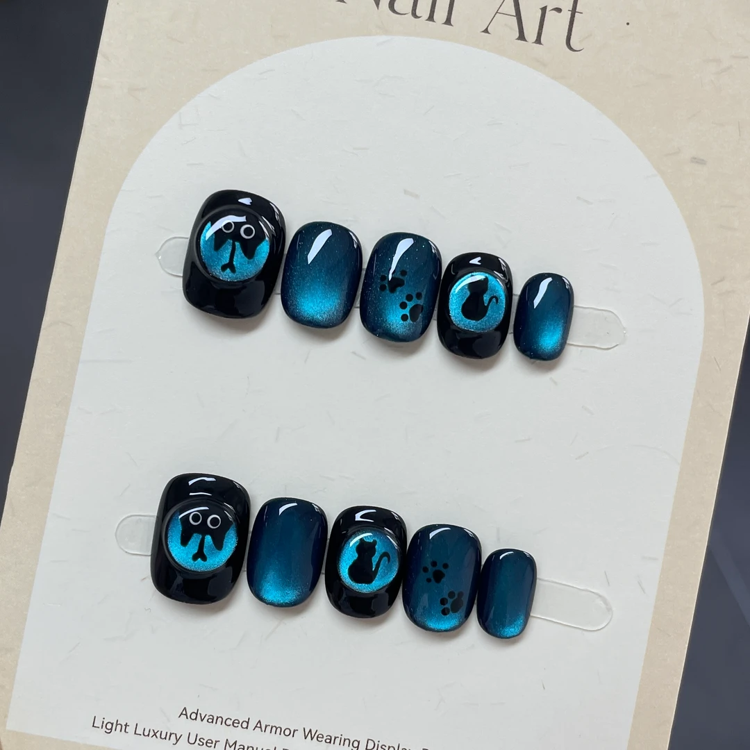 【猫眼猫咪】纯手工蓝色猫眼穿戴甲手绘猫咪高级感显白短款美甲#649
