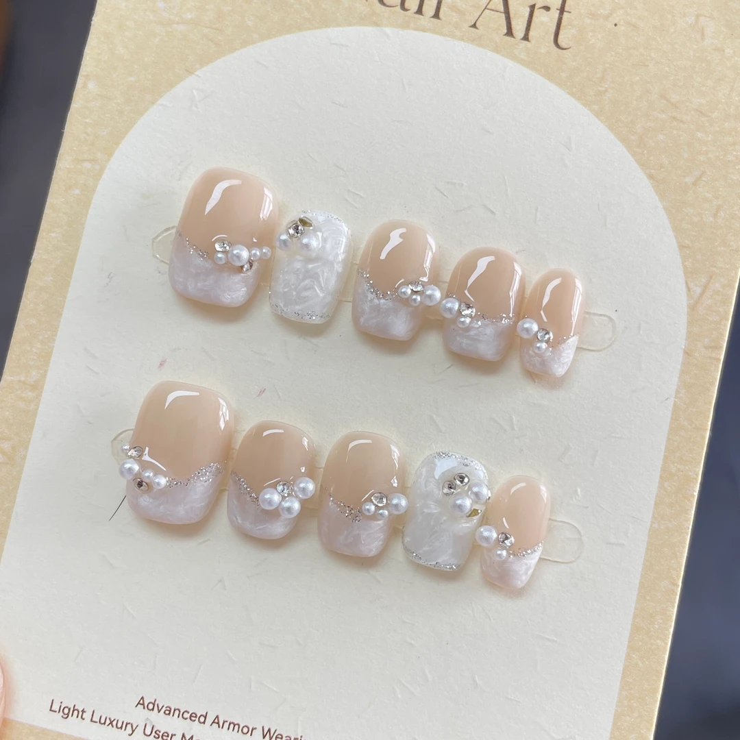 【悦己】纯手工螺纹珍珠碎钻法式穿戴甲短款美甲高级感新款显白#197