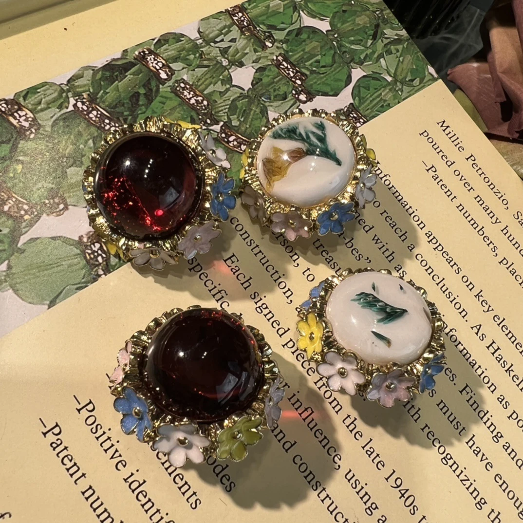 铜合金耳饰 中古vintage珐琅彩釉花朵镶嵌古法琉璃时尚复古耳钉