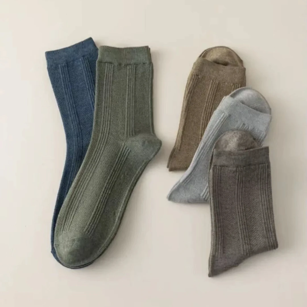 秋冬新款男士中筒双针袜吸汗透气耐磨耐穿休闲袜商务袜百搭纯色