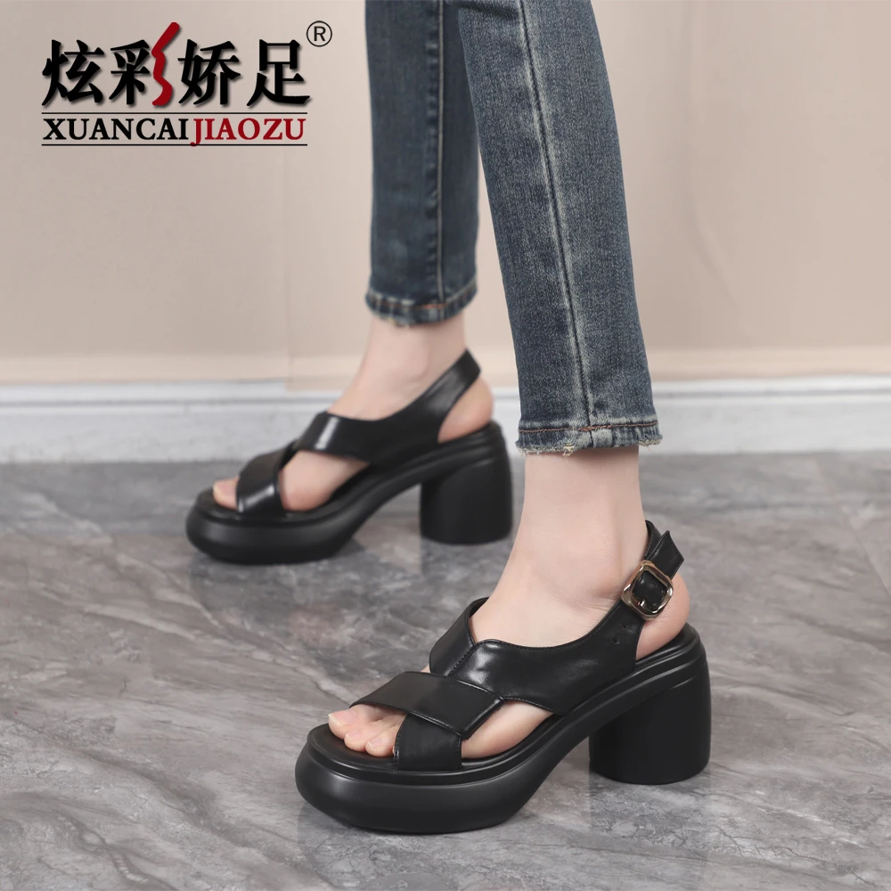 高跟鞋女鞋2024夏季新款时尚百搭真皮牛皮粗跟厚底一字带露趾凉鞋