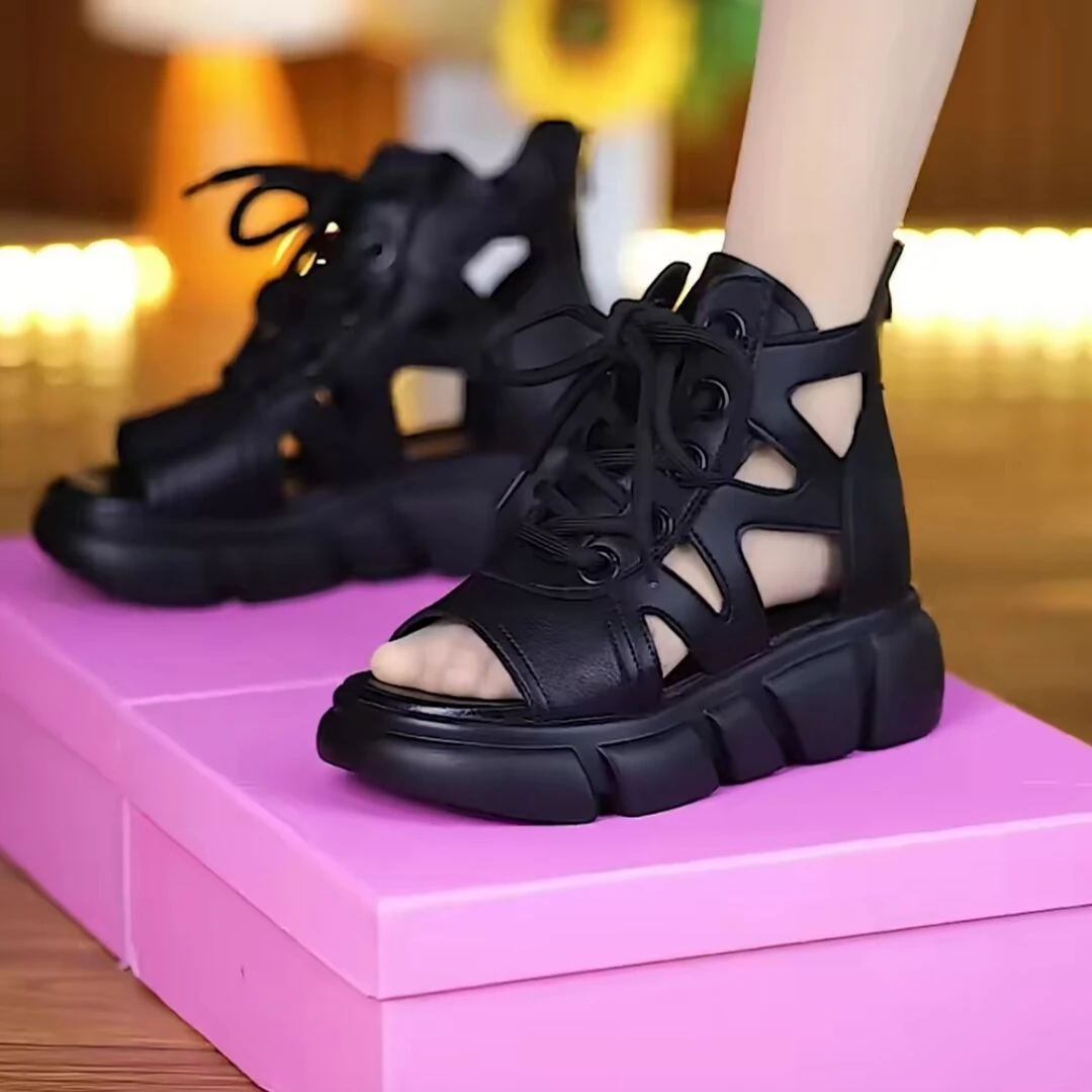 夏季时尚鱼嘴高帮女凉鞋2025新款软底镂空透气厚底罗马鞋女凉靴