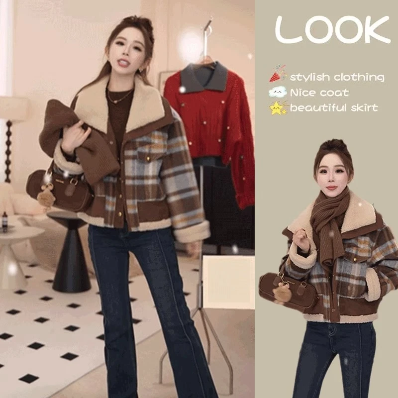 双面呢仿羊羔毛拼接格子高级感女时髦小个子加厚保暖宽松上衣
