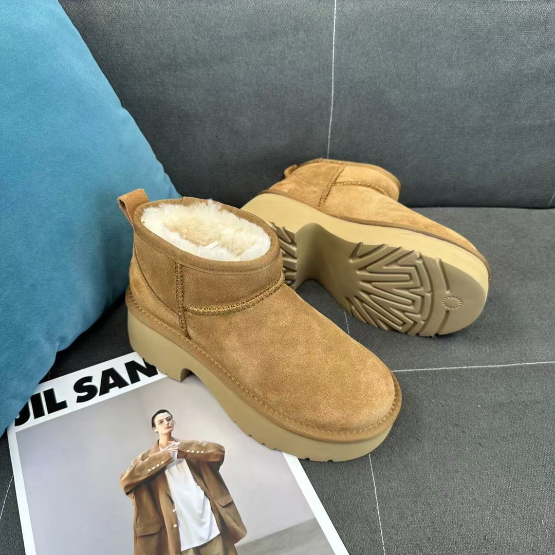 2024厚底人鱼真皮真毛方根厚底增高雪地靴时尚百搭加绒短靴6003