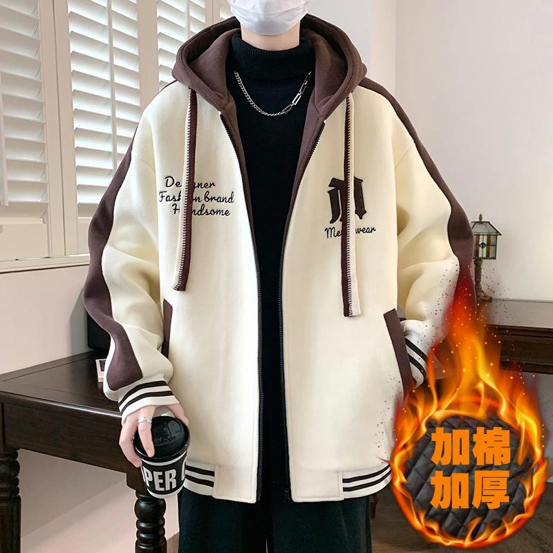 加棉棒球服潮牌外套男士奥粒绒冬休闲连帽上衣青少年学生加厚夹克