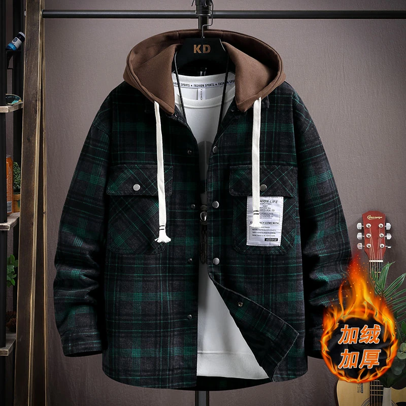 青少年冬季新款加绒加厚牛仔夹克男初高中生宽松潮牌连帽格子外套