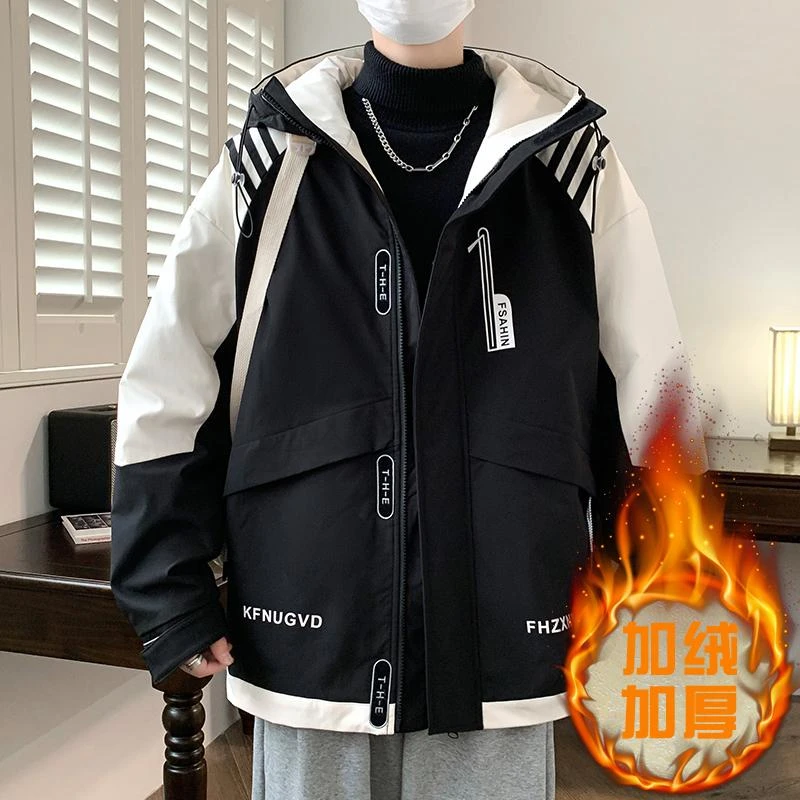 连帽加绒加厚冲锋衣外套男潮牌2024冬季新款男装青少年学生夹克衫