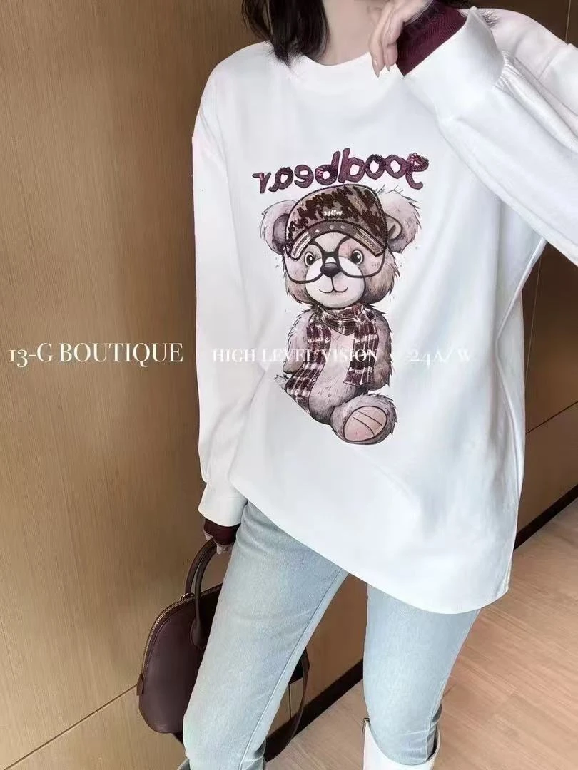 欧洲站2024冬季新款圆领卡通小熊重工刺绣宽松大版加绒长袖T恤女