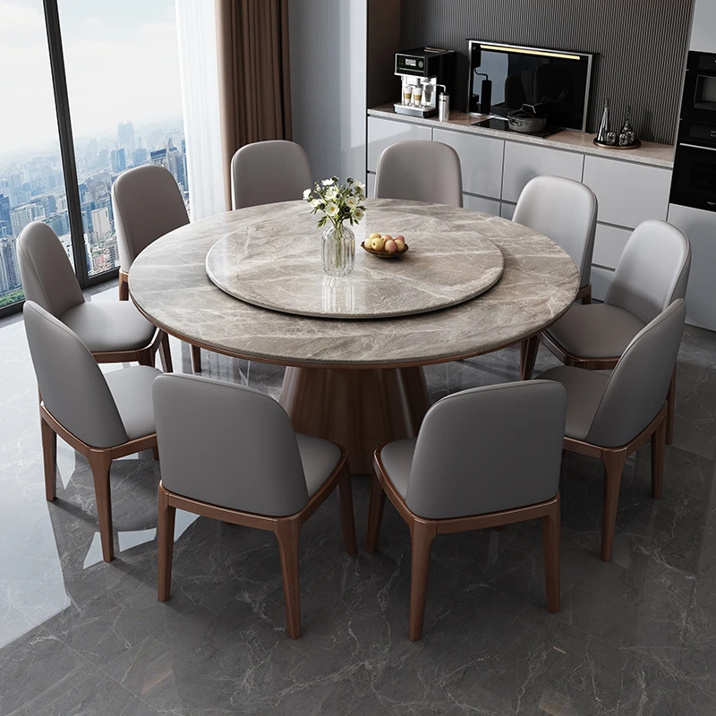 岩板餐桌现代简约轻奢高端2023新款家用小户型实木饭桌圆桌带转盘