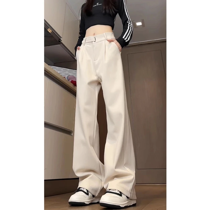 vintage米白色毛呢弯刀西裤男款冬季垂感加绒裤子直筒微喇休闲裤