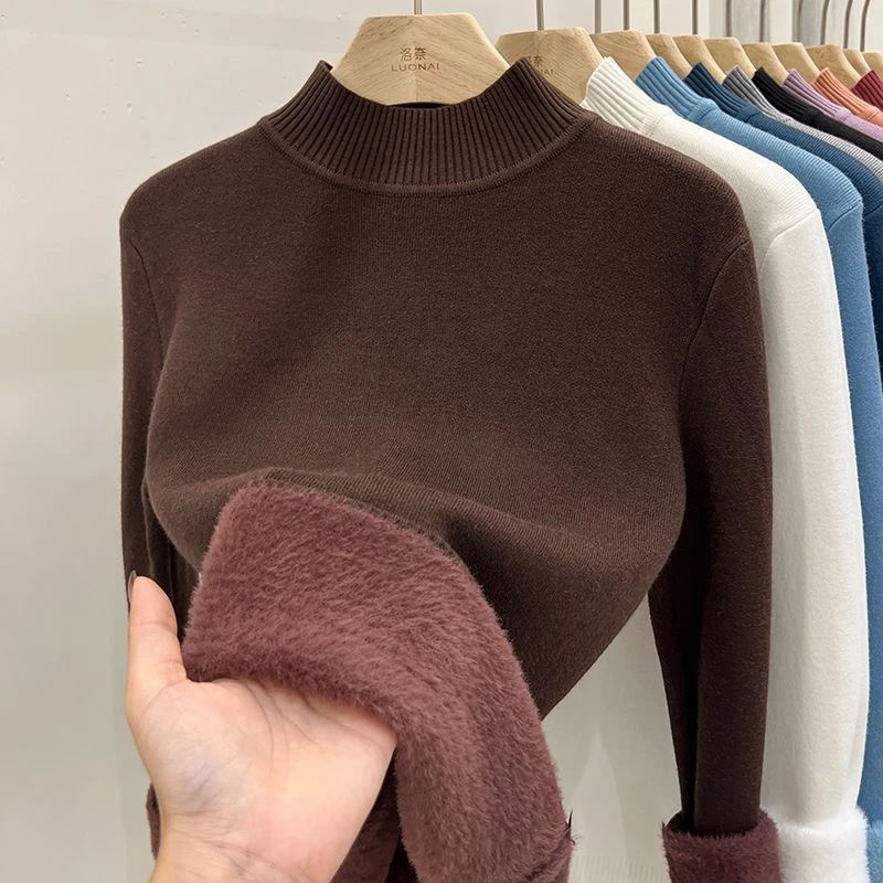半高领加绒加厚毛衣女秋冬新款一体绒保暖上衣针织打底衫女内搭潮