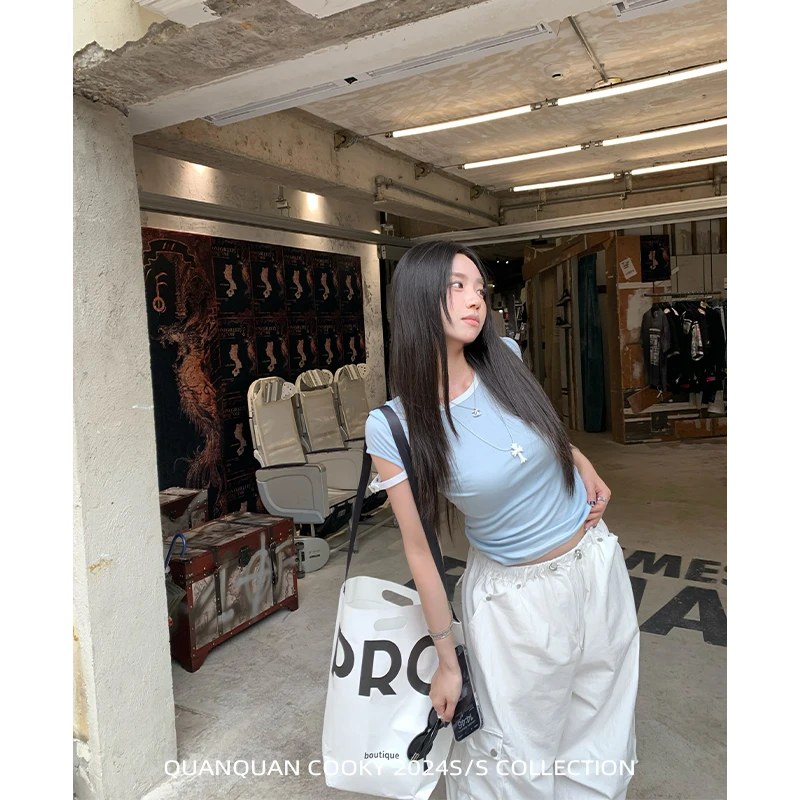 圈圈cooky 纯色美学 时尚百搭圆领短袖t恤夏季袢扣袖修身短款上衣