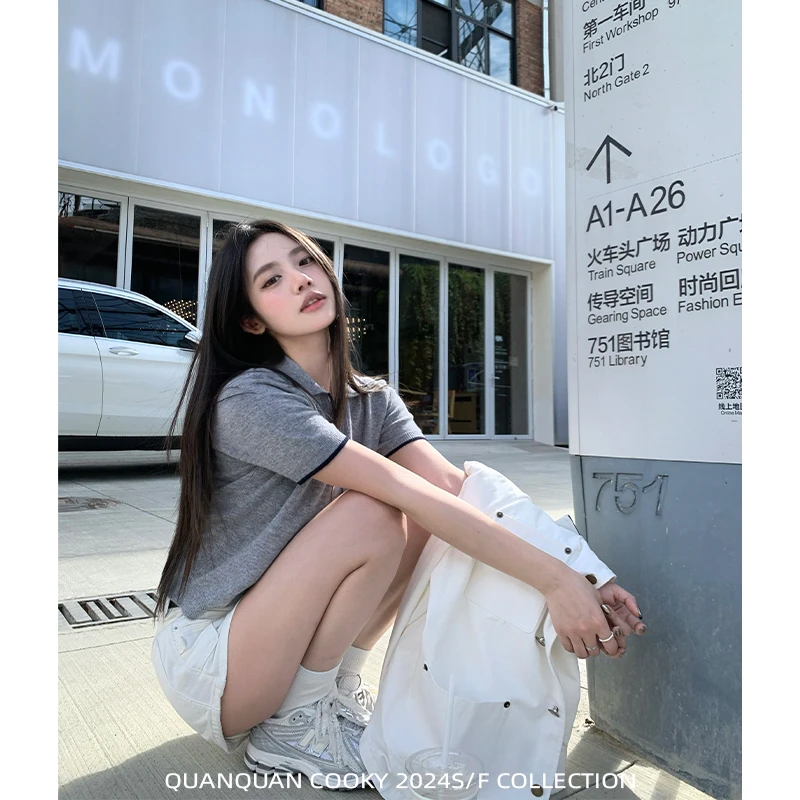 圈圈cooky 放课后别致撞色条纹polo翻领针织短袖复古简约羊毛上衣