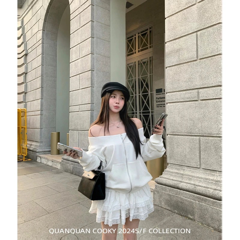 圈圈cooky  慵懒fancy设计感小众一字肩拉链卫衣宽松休闲长袖外套