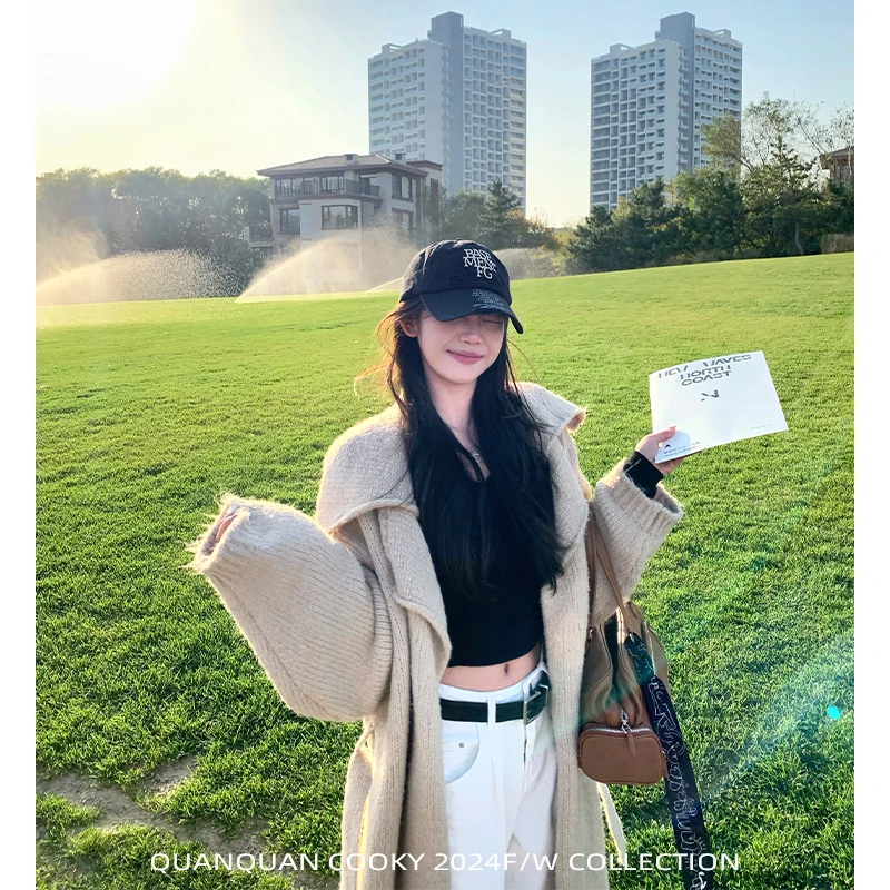 圈圈cooky   继承者们 韩系慵懒翻驳领长开衫毛衣L0469W