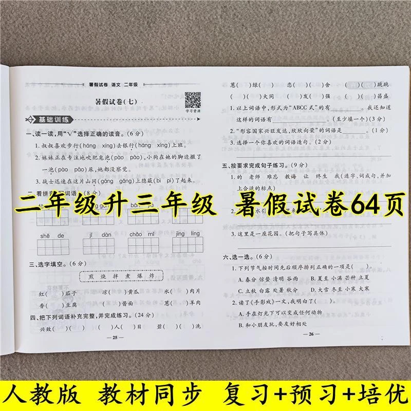 暑假试卷二年级下册练习题人教版暑假作业二年级升三年级衔接教材