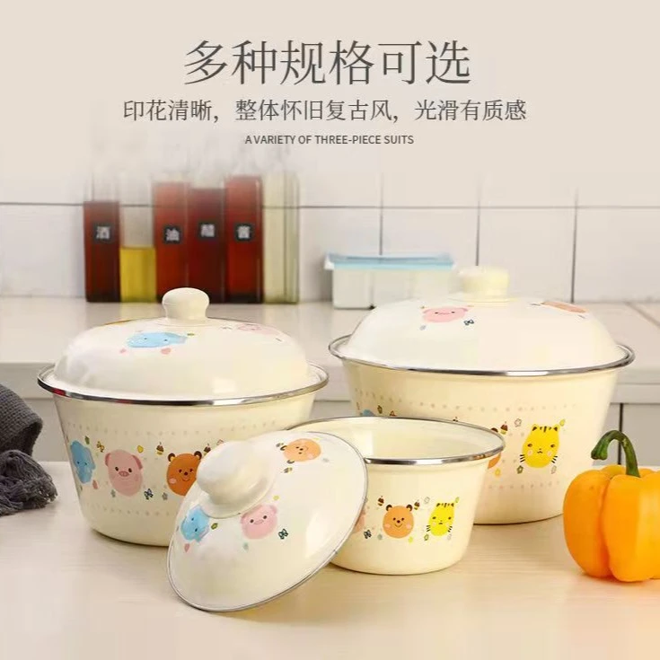 加厚搪瓷盆带盖家用老式加厚油盆出口洋瓷装猪油盆罐碗可明火加热