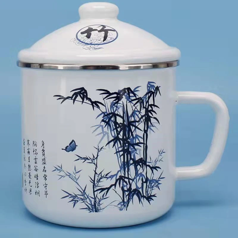 加厚中式搪瓷水杯经典搪瓷缸子带盖老式铁茶杯大容量彩绘马克杯