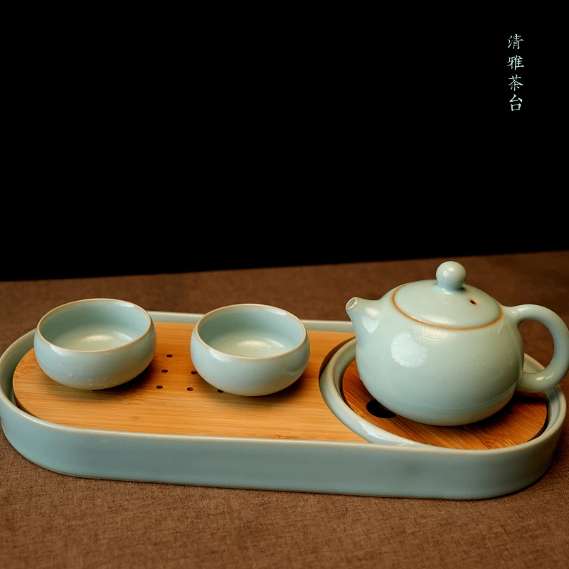 汝誉天下汝窑茶具茶盘干泡台汝州汝瓷天青釉冰裂纹陶瓷(单茶盘)