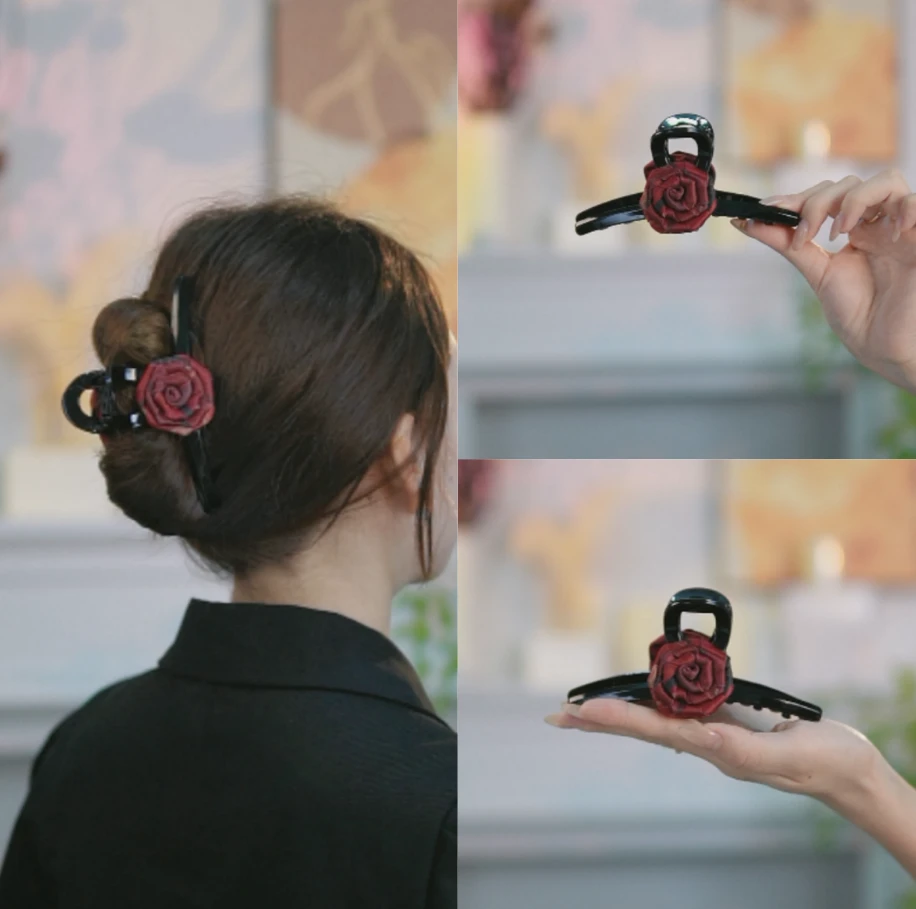 Z212纯手工红色玫瑰花大抓夹清新优雅甜美古风